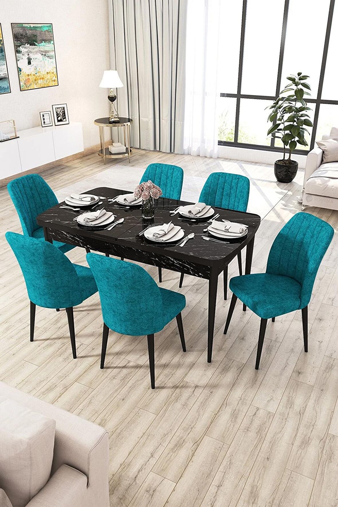 Rovena Lucca Siyah Mermer 70x114 Açılabilir Suntalam Mutfak Masası Takımı 6 Adet Sandalye