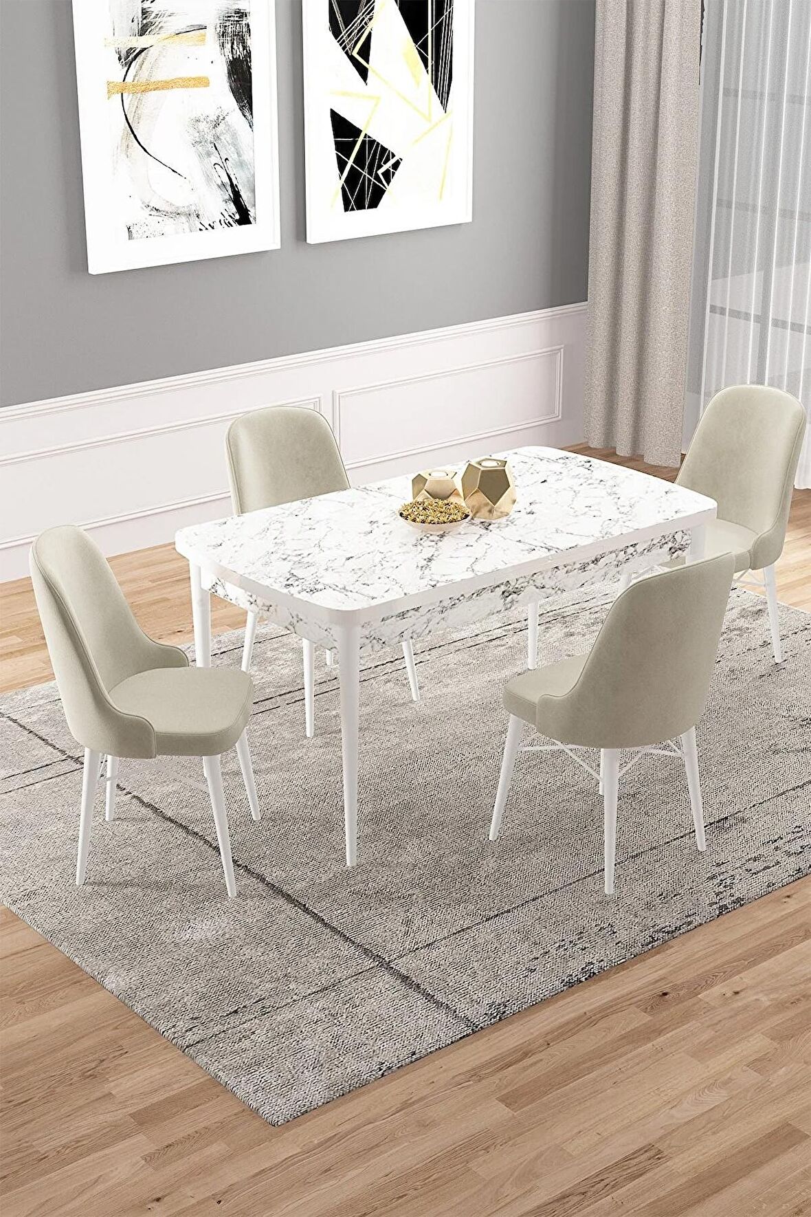 Rovena Rain Beyaz Mermer 70x114 Açılabilir Mdf Mutfak Masası Takımı 4 Adet Sandalye