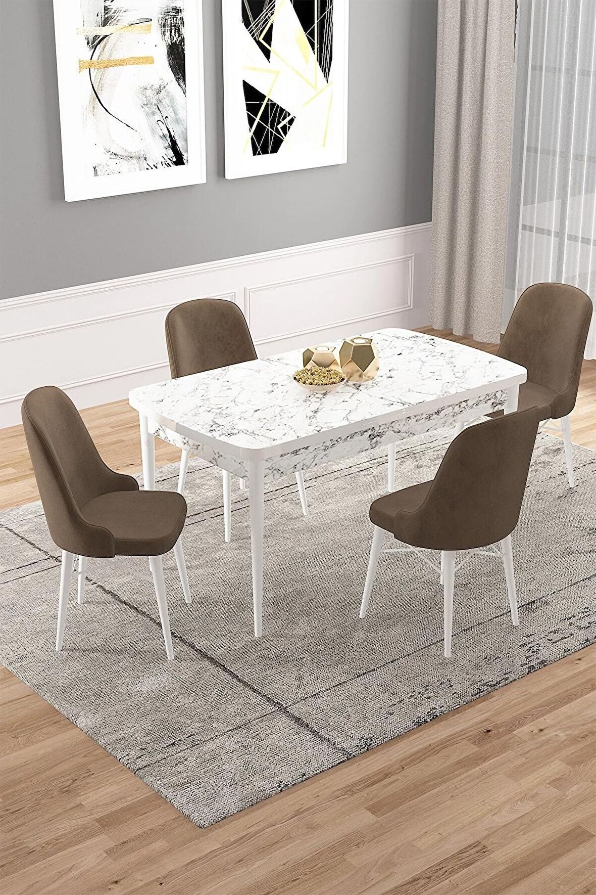 Rovena Rain Beyaz Mermer 70x114 Açılabilir Mdf Mutfak Masası Takımı 4 Adet Sandalye