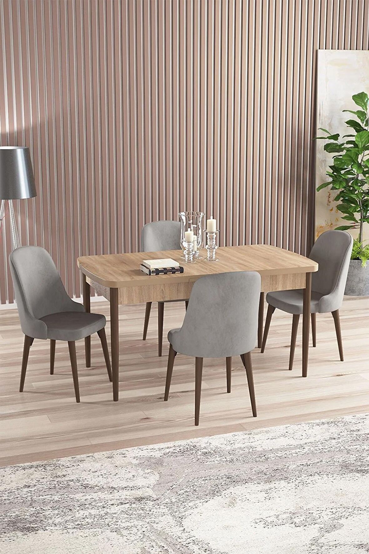 Rovena Amber Meşe 70x114 Açılabilir Mdf Mutfak Masası Takımı 4 Adet Sandalye