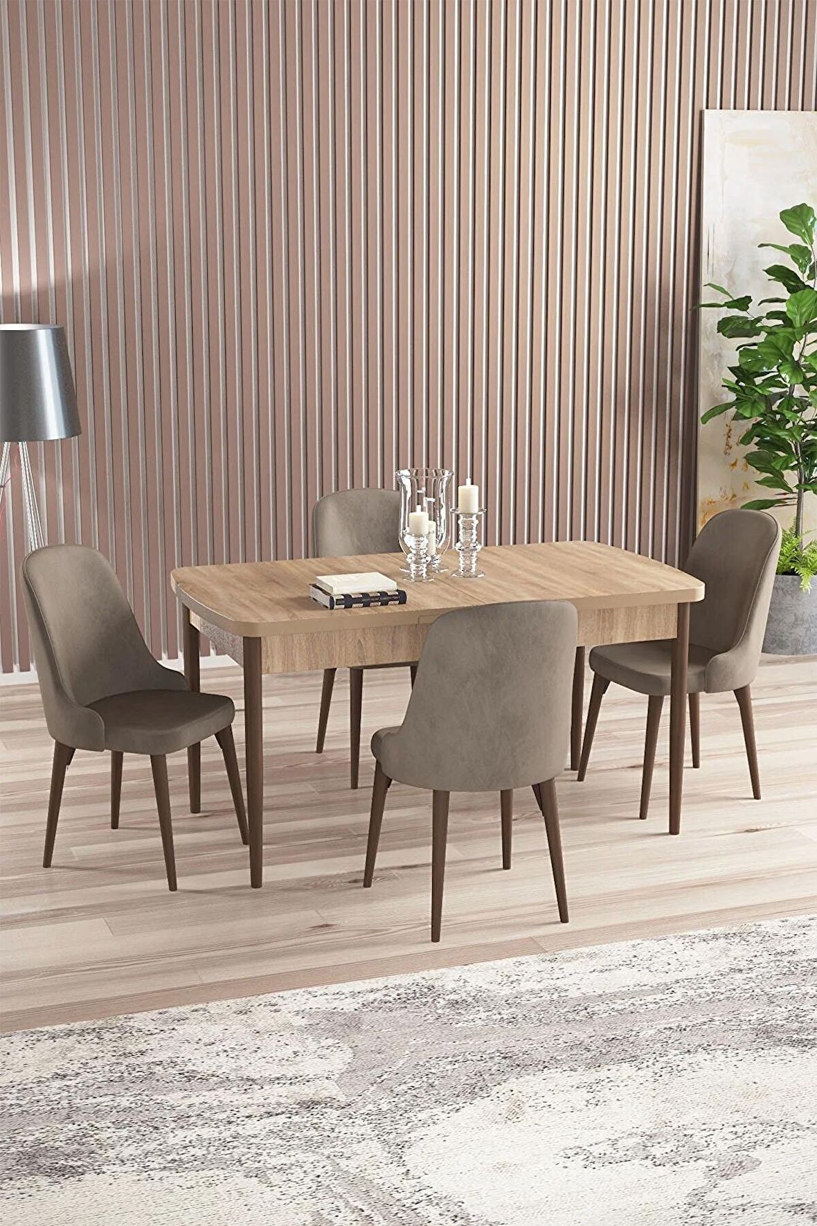 Rovena Amber Meşe 70x114 Açılabilir Mdf Mutfak Masası Takımı 4 Adet Sandalye