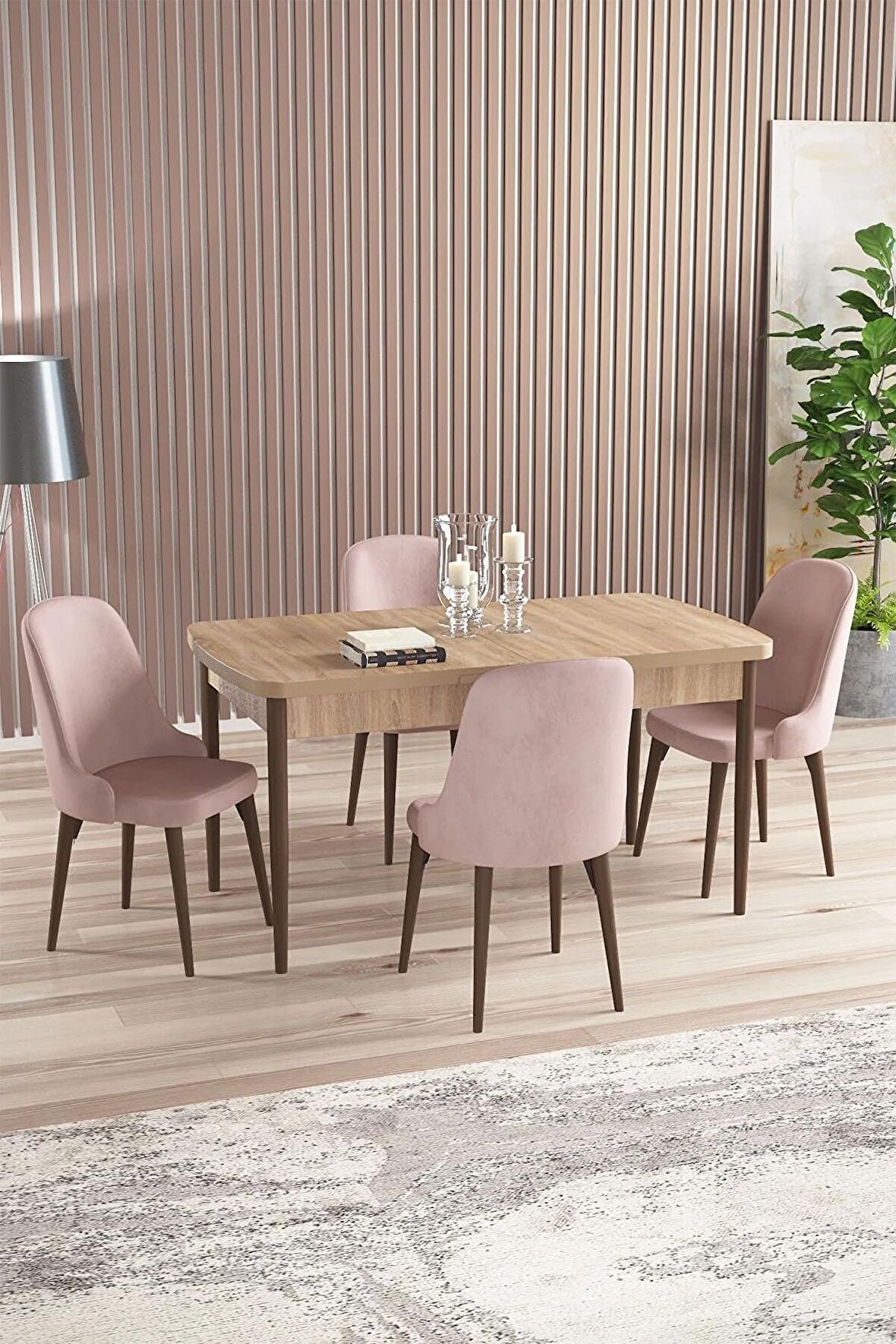 Rovena Amber Meşe 70x114 Açılabilir Mdf Mutfak Masası Takımı 4 Adet Sandalye