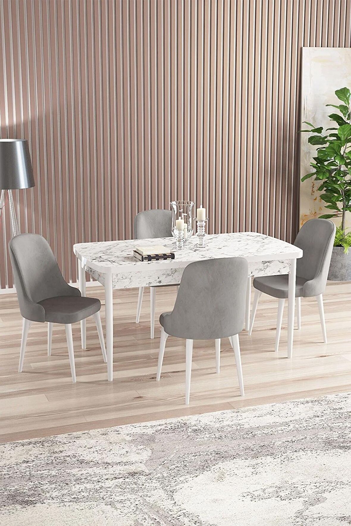 Rovena Amber Beyaz Mermer 70x114 Açılabilir Mdf Mutfak Masası Takımı 4 Adet Sandalye