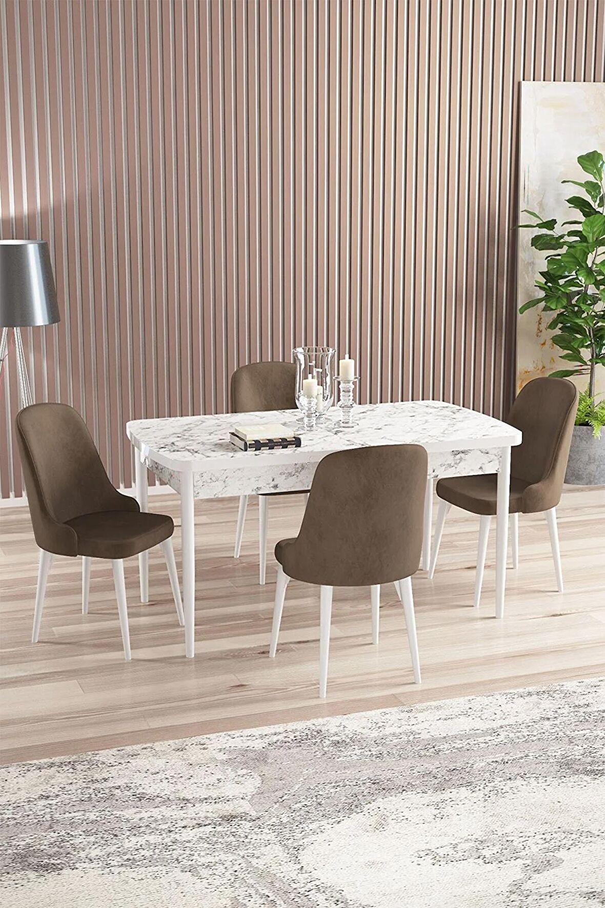 Rovena Amber Beyaz Mermer 70x114 Açılabilir Mdf Mutfak Masası Takımı 4 Adet Sandalye