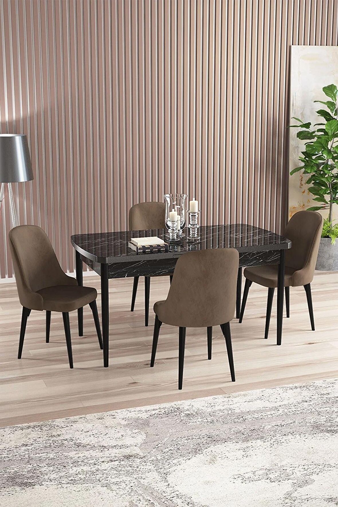 Rovena Amber Siyah Mermer 70x114 Açılabilir Mdf Mutfak Masası Takımı 4 Adet Sandalye
