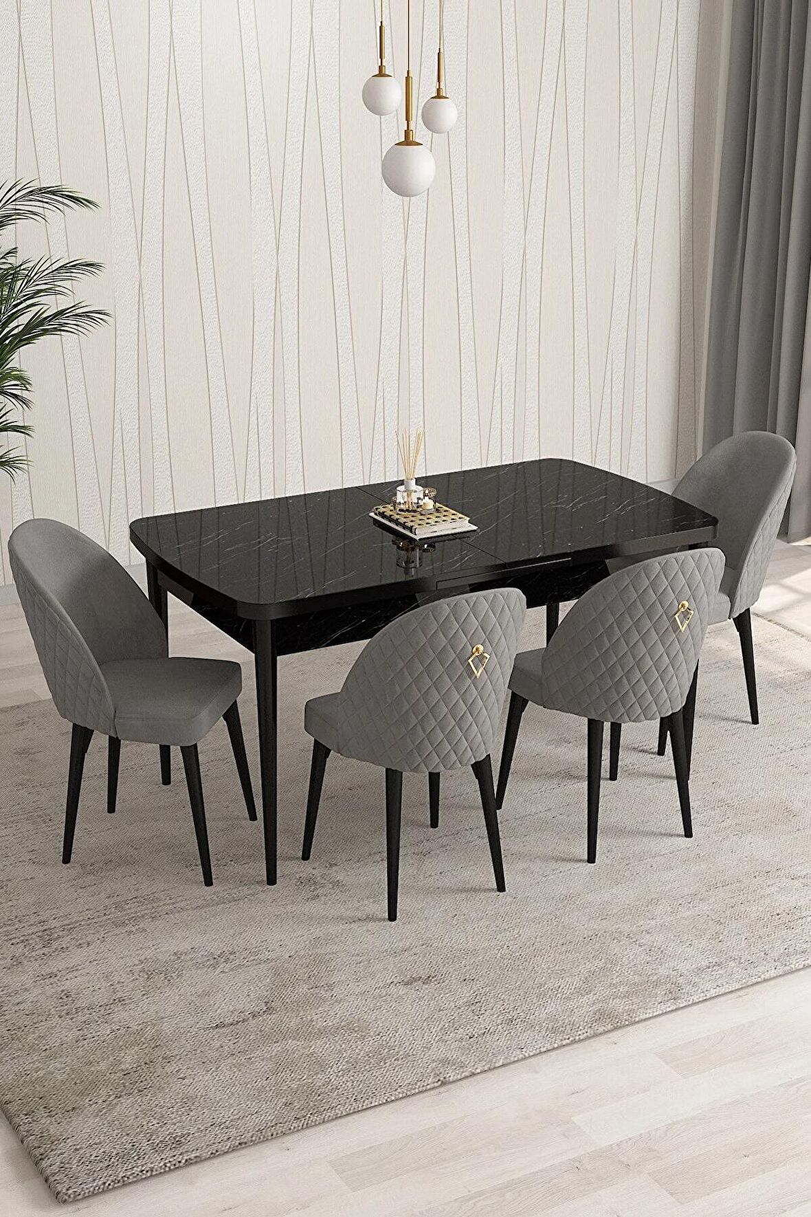 Rovena Talia Siyah Mermer 70x114 Açılabilir Mdf Mutfak Masası Takımı 4 Adet Sandalye