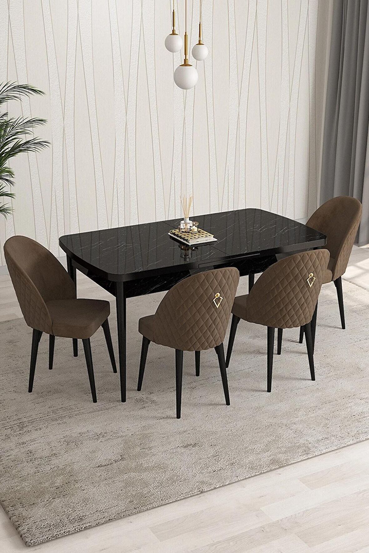 Rovena Talia Siyah Mermer 70x114 Açılabilir Mdf Mutfak Masası Takımı 4 Adet Sandalye