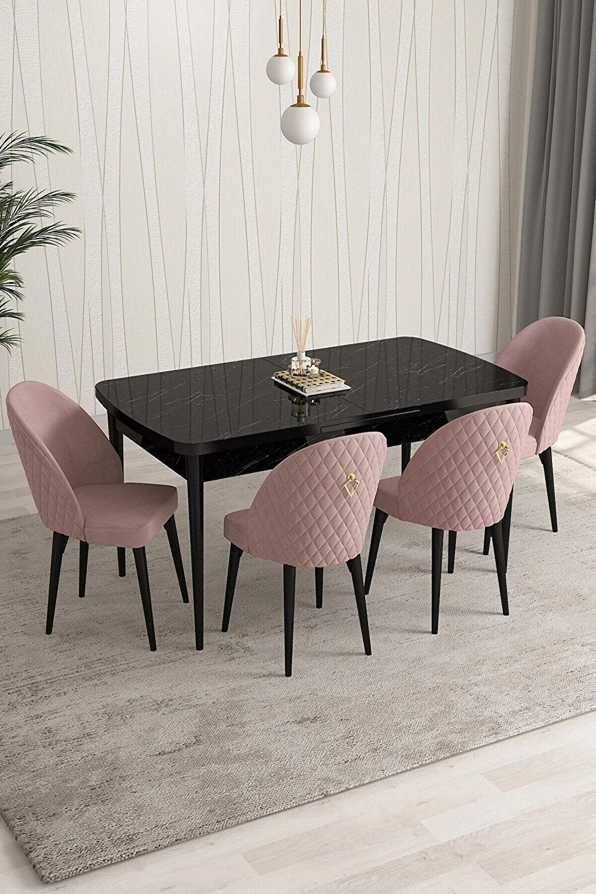 Rovena Talia Siyah Mermer 70x114 Açılabilir Mdf Mutfak Masası Takımı 4 Adet Sandalye