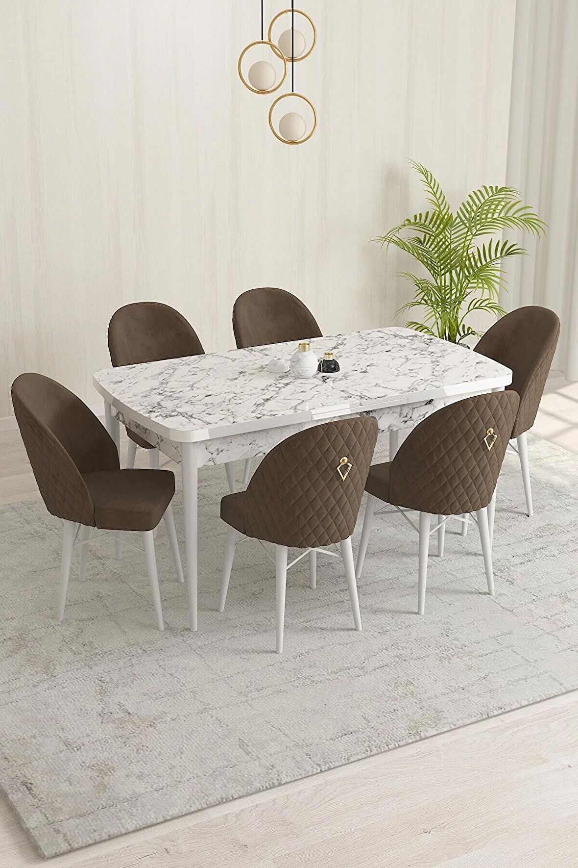 Rovena Liora Beyaz Mermer 70x114 Açılabilir Mdf Mutfak Masası Takımı 6 Adet Sandalye
