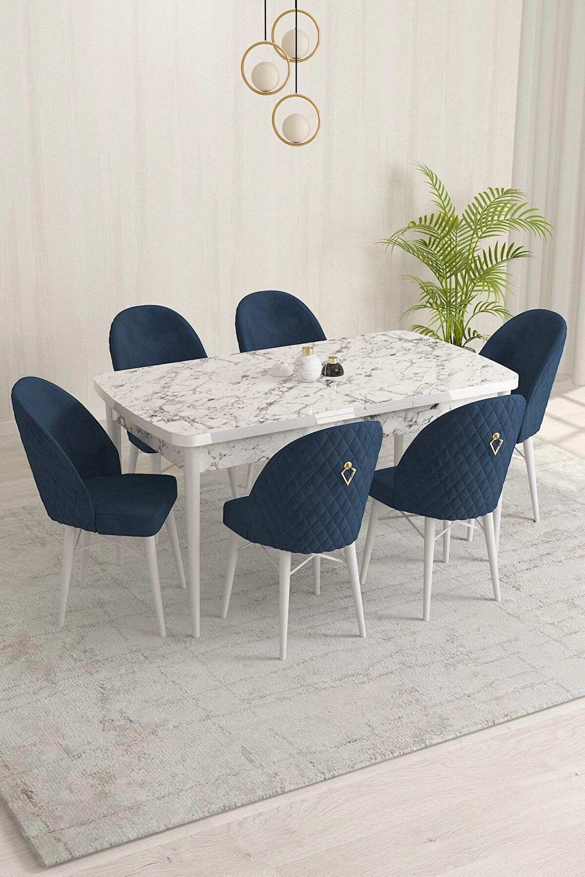 Rovena Liora Beyaz Mermer 70x114 Açılabilir Mdf Mutfak Masası Takımı 6 Adet Sandalye