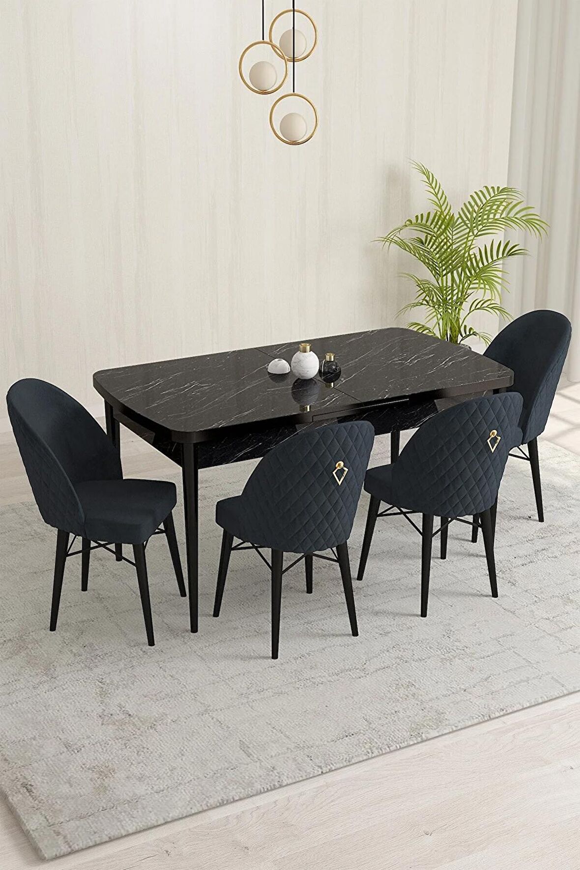 Rovena Liora Siyah Mermer 70x114 Açılabilir Mdf Mutfak Masası Takımı 4 Adet Sandalye