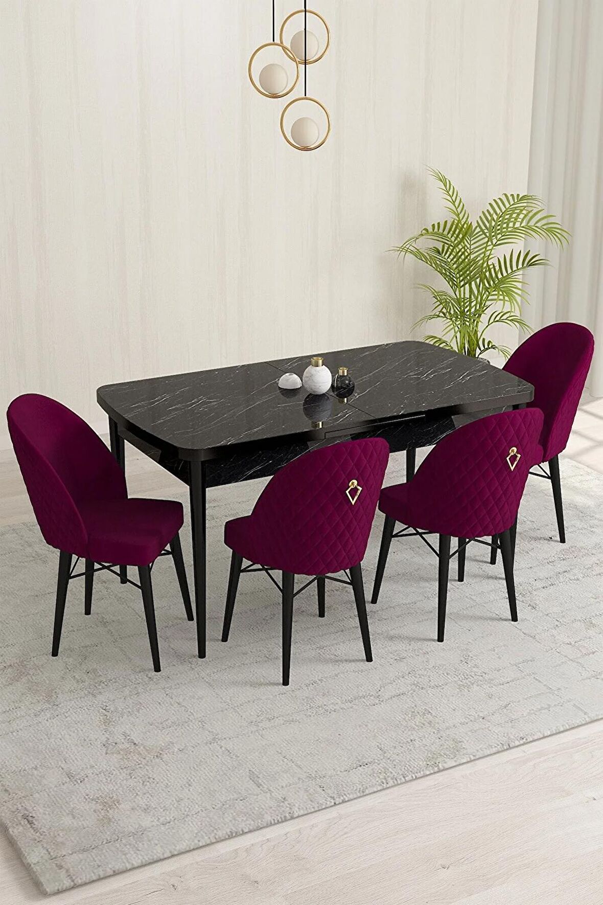 Rovena Liora Siyah Mermer 70x114 Açılabilir Mdf Mutfak Masası Takımı 4 Adet Sandalye