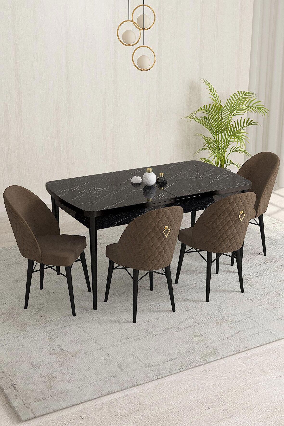 Rovena Liora Siyah Mermer 70x114 Açılabilir Mdf Mutfak Masası Takımı 4 Adet Sandalye