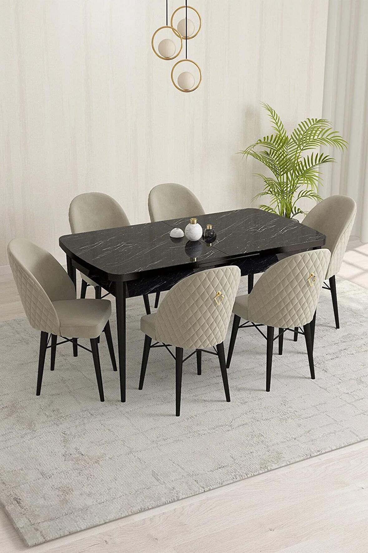 Rovena Liora Siyah Mermer 70x114 Açılabilir Mdf Mutfak Masası Takımı 6 Adet Sandalye