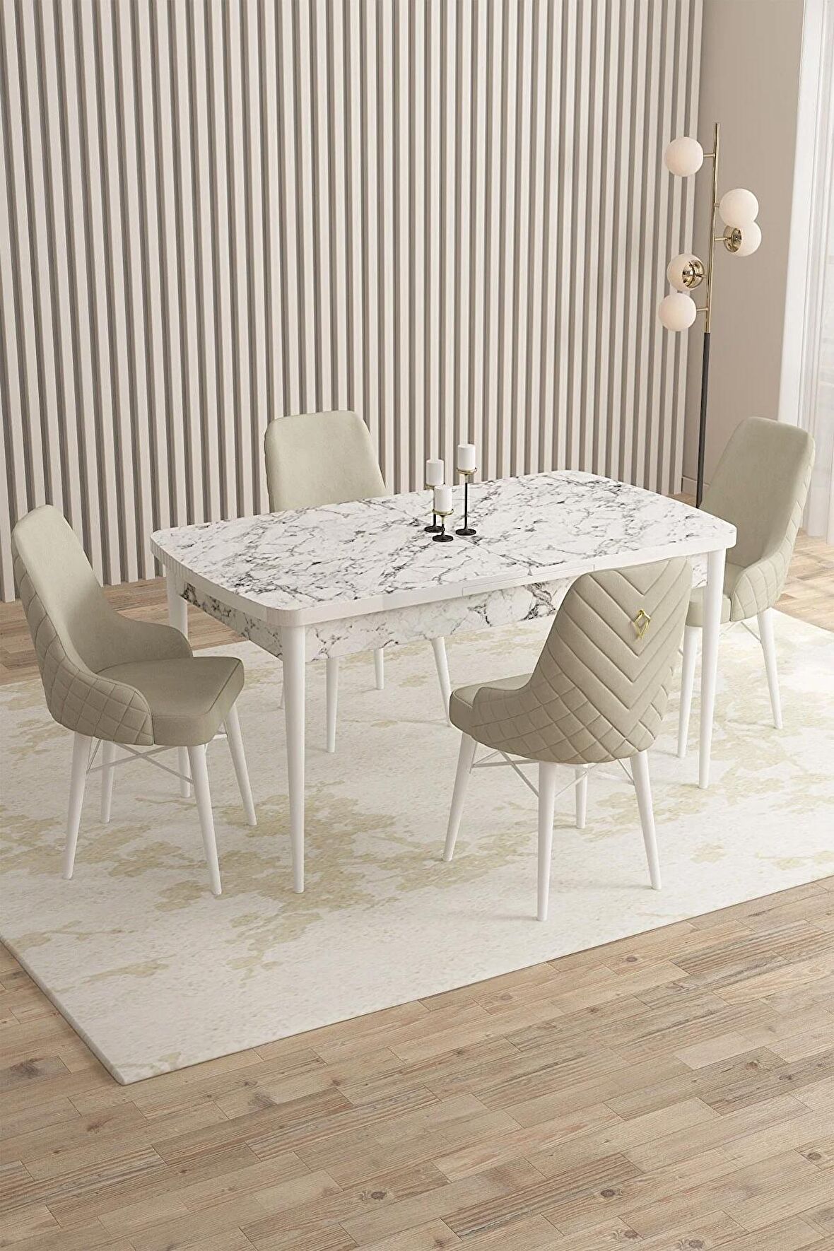 Rovena Almira Beyaz Mermer 70x114 Açılabilir Mdf Mutfak Masası Takımı 4 Adet Sandalye