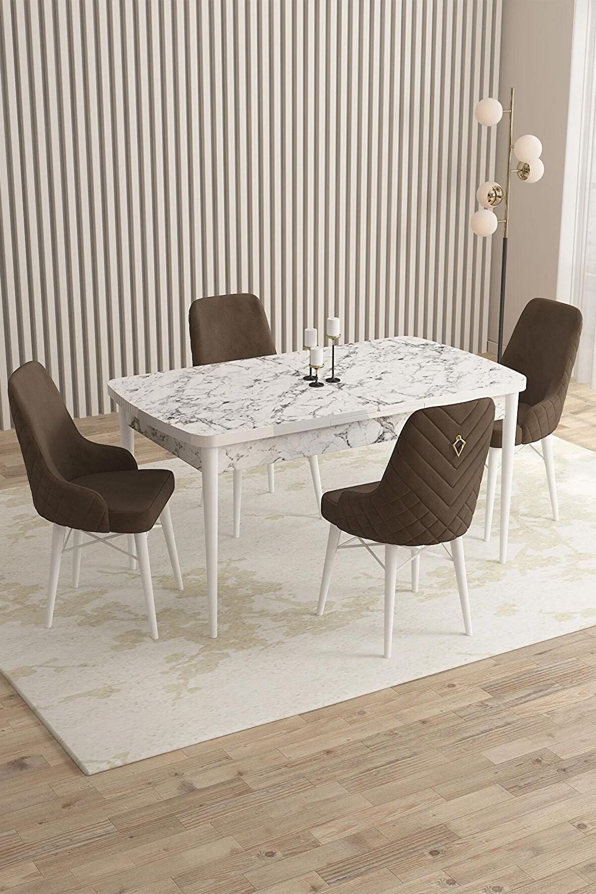 Rovena Almira Beyaz Mermer 70x114 Açılabilir Mdf Mutfak Masası Takımı 4 Adet Sandalye