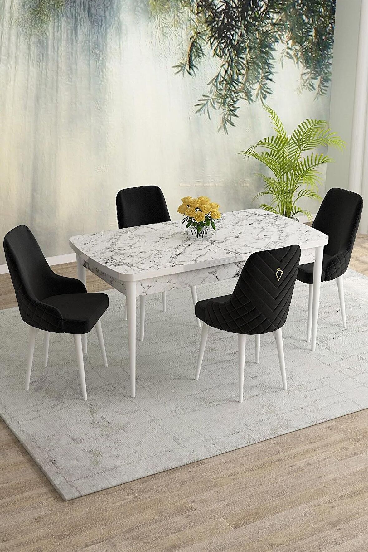 Rovena Blanca Beyaz Mermer 80x132 Açılabilir Mdf Mutfak Masası Takımı 4 Adet Sandalye