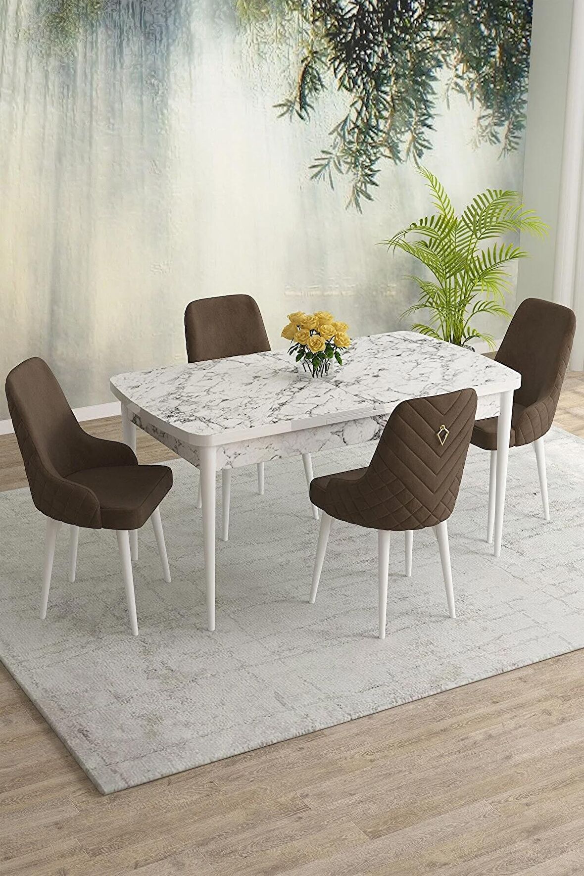 Rovena Blanca Beyaz Mermer 80x132 Açılabilir Mdf Mutfak Masası Takımı 4 Adet Sandalye