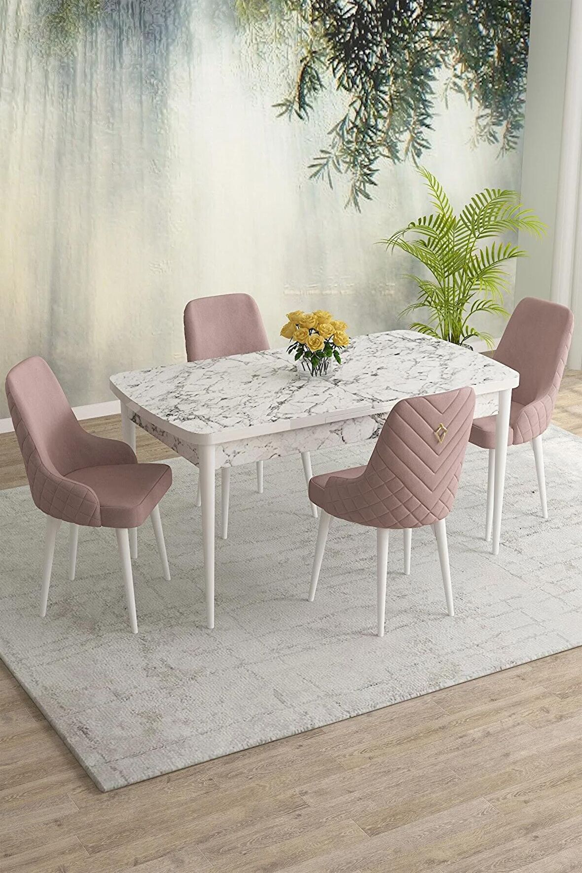 Rovena Blanca Beyaz Mermer 80x132 Açılabilir Mdf Mutfak Masası Takımı 4 Adet Sandalye