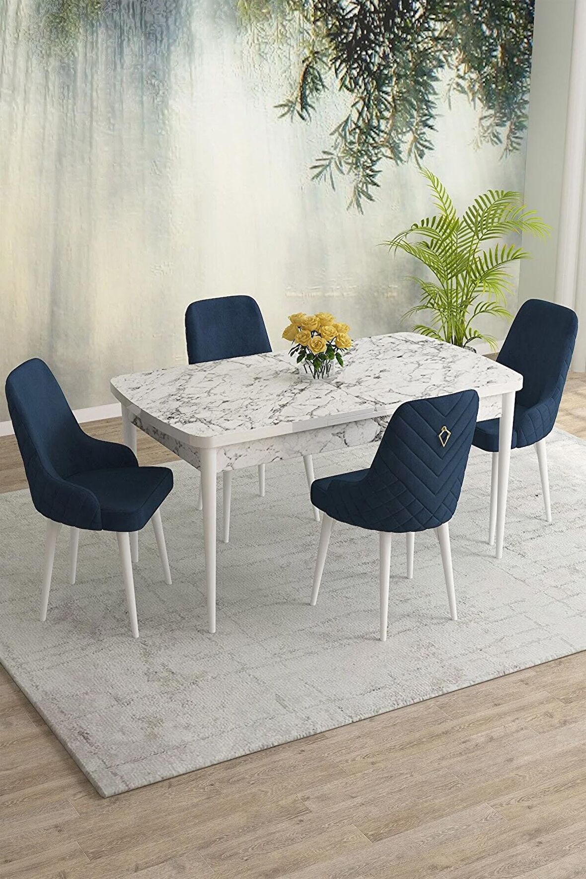 Rovena Blanca Beyaz Mermer 80x132 Açılabilir Mdf Mutfak Masası Takımı 4 Adet Sandalye