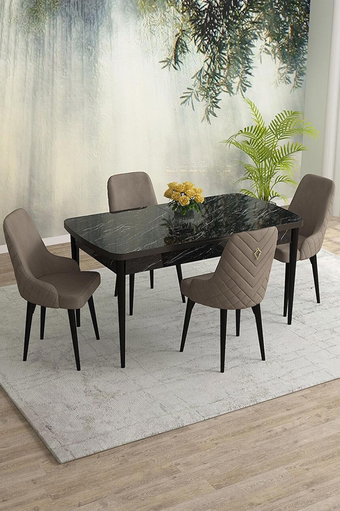 Rovena Blanca Siyah Mermer 80x132 Açılabilir Mdf Mutfak Masası Takımı 4 Adet Sandalye