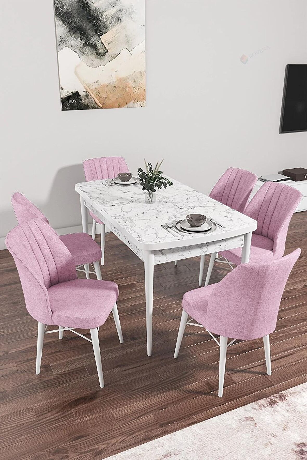 Rovena Mary Beyaz Mermer 70x114 Açılabilir Mdf Mutfak Masası Takımı 6 Adet Sandalye