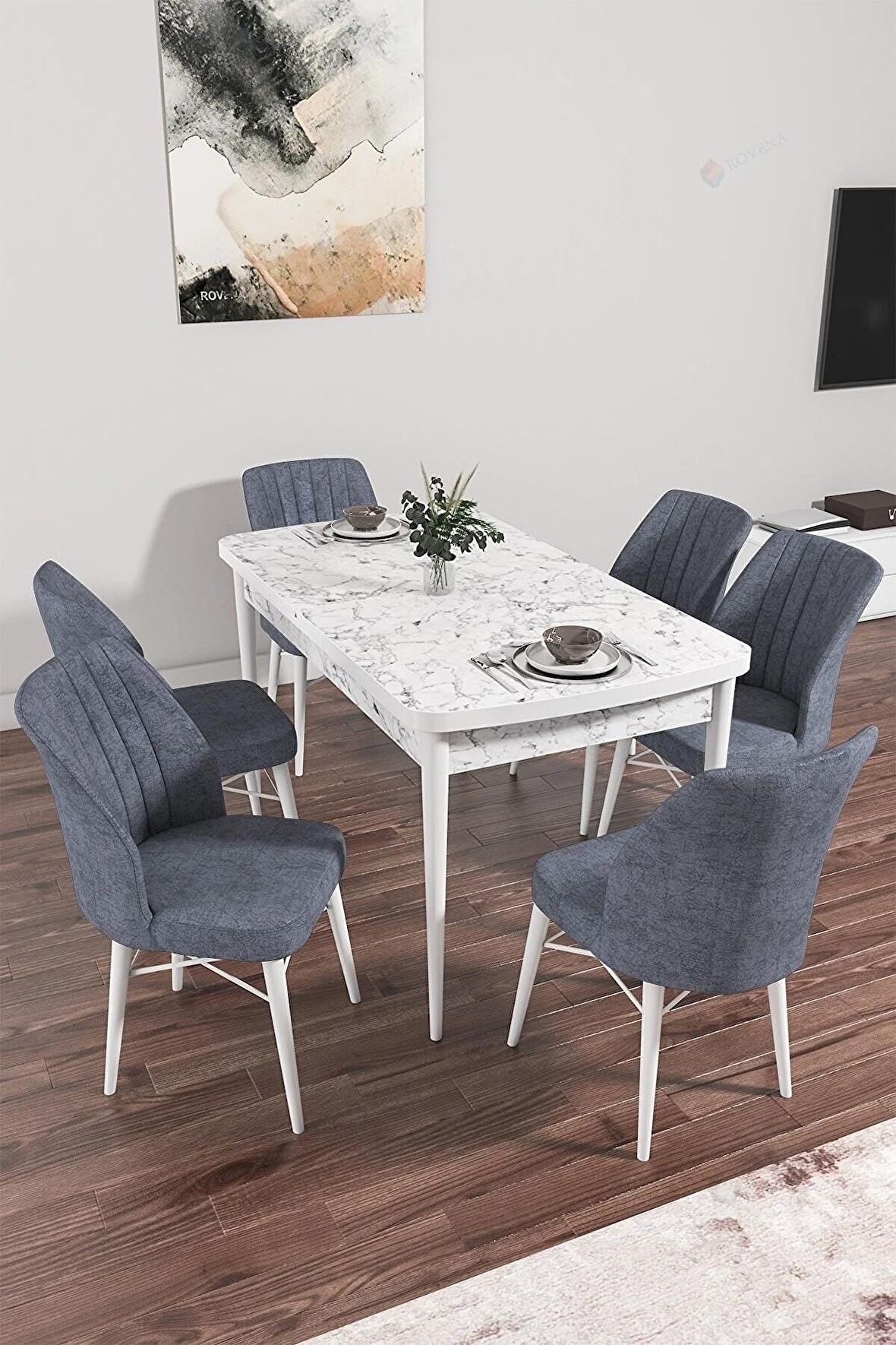 Rovena Mary Beyaz Mermer 70x114 Açılabilir Mdf Mutfak Masası Takımı 6 Adet Sandalye