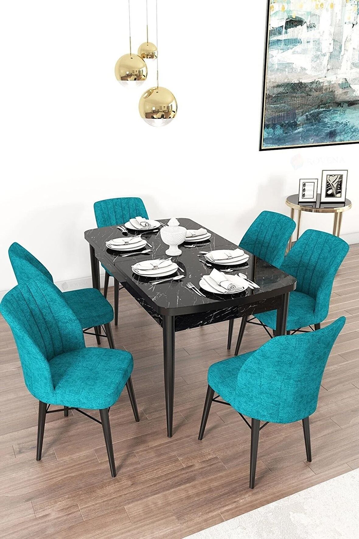 Rovena Mary Siyah Mermer 70x114 Açılabilir Mdf Mutfak Masası Takımı 6 Adet Sandalye