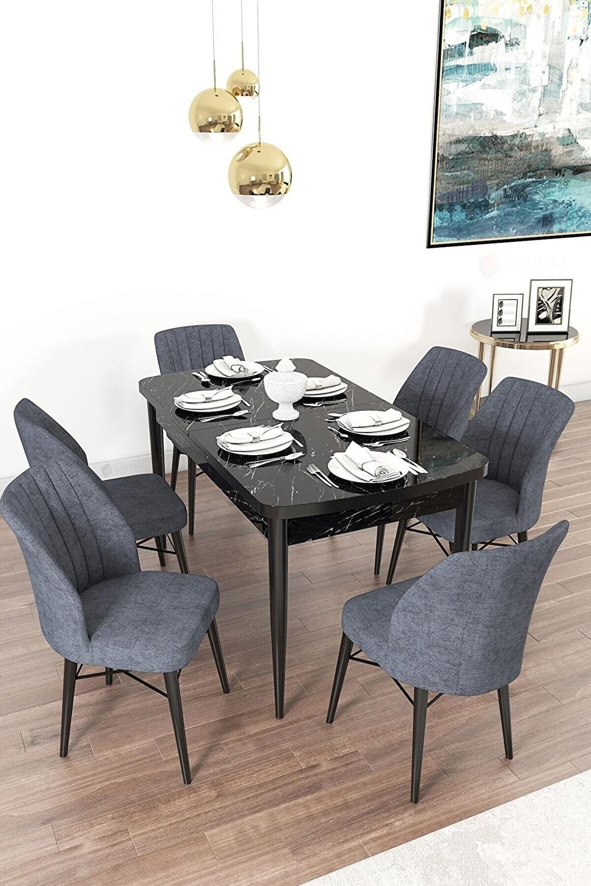 Rovena Mary Siyah Mermer 70x114 Açılabilir Mdf Mutfak Masası Takımı 6 Adet Sandalye