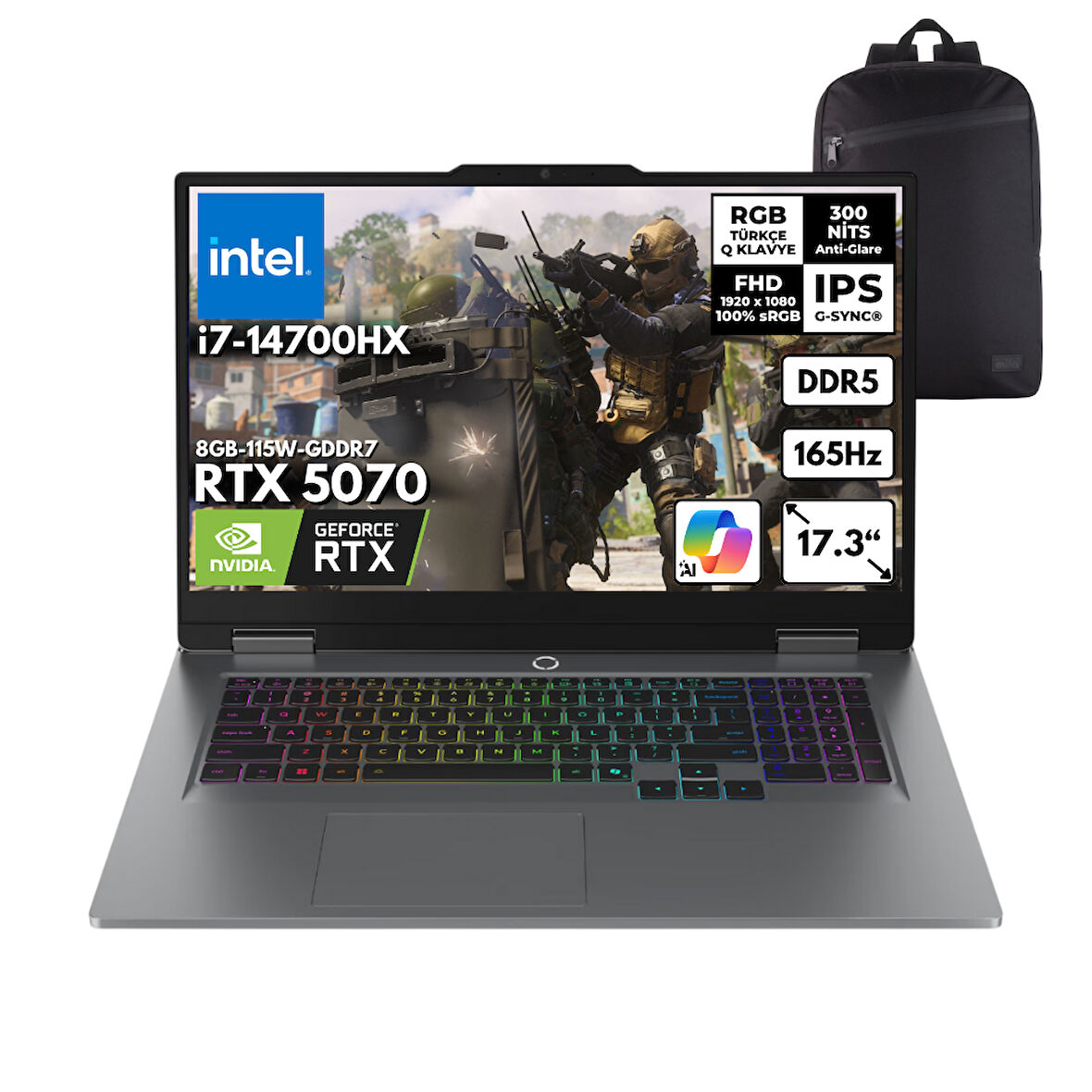 Lenovo LOQ i7-14700HX 40-GBDDR5 2 TBSSD RTX5070 (8GB-115W-GDDR7) 17.3" FHD 165Hz Windows 11 Home + HMF Sırt Çantası 83JH006HTRHMF40