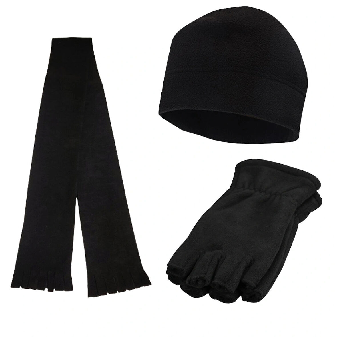 Unisex Siyah Kışlık Parmaksız Kesik Yarım Parmak Polar Eldiven - Polar Bere - Polar Atkı 3'lü set