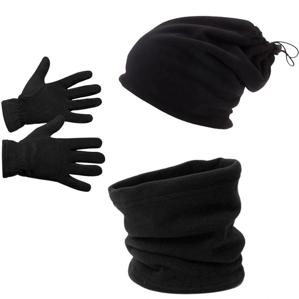 Erkek Kışlık Siyah Parmaklı Polar Eldiven - Polar Ipli Şapka Bere Olabilen Boyunluk 3'lü Set Kışlık