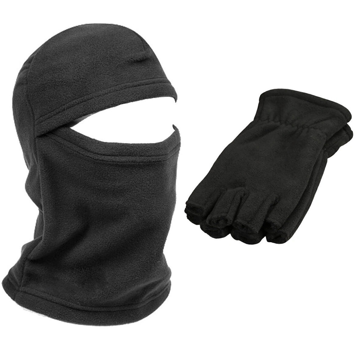 Unisex Siyah Parmaksız Kesik Yarım Parmak Kışlık Termal Polar Eldiven - Polar Kar Maskesi 2'li Set