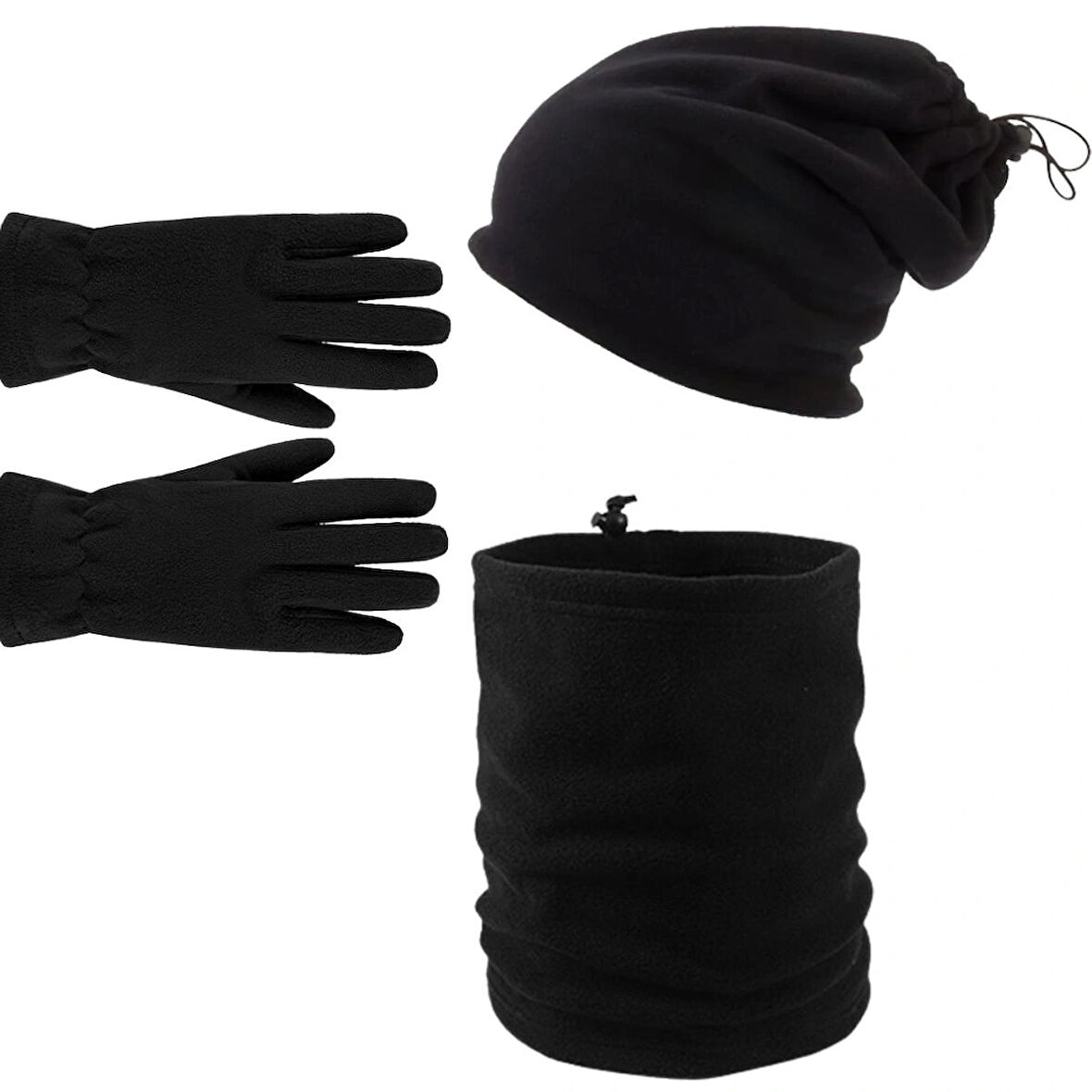 Kadın Siyah Kışlık Polar Eldiven - Polar Ipli Şapka Bere Olabilen Boyunluk 3'lü Set
