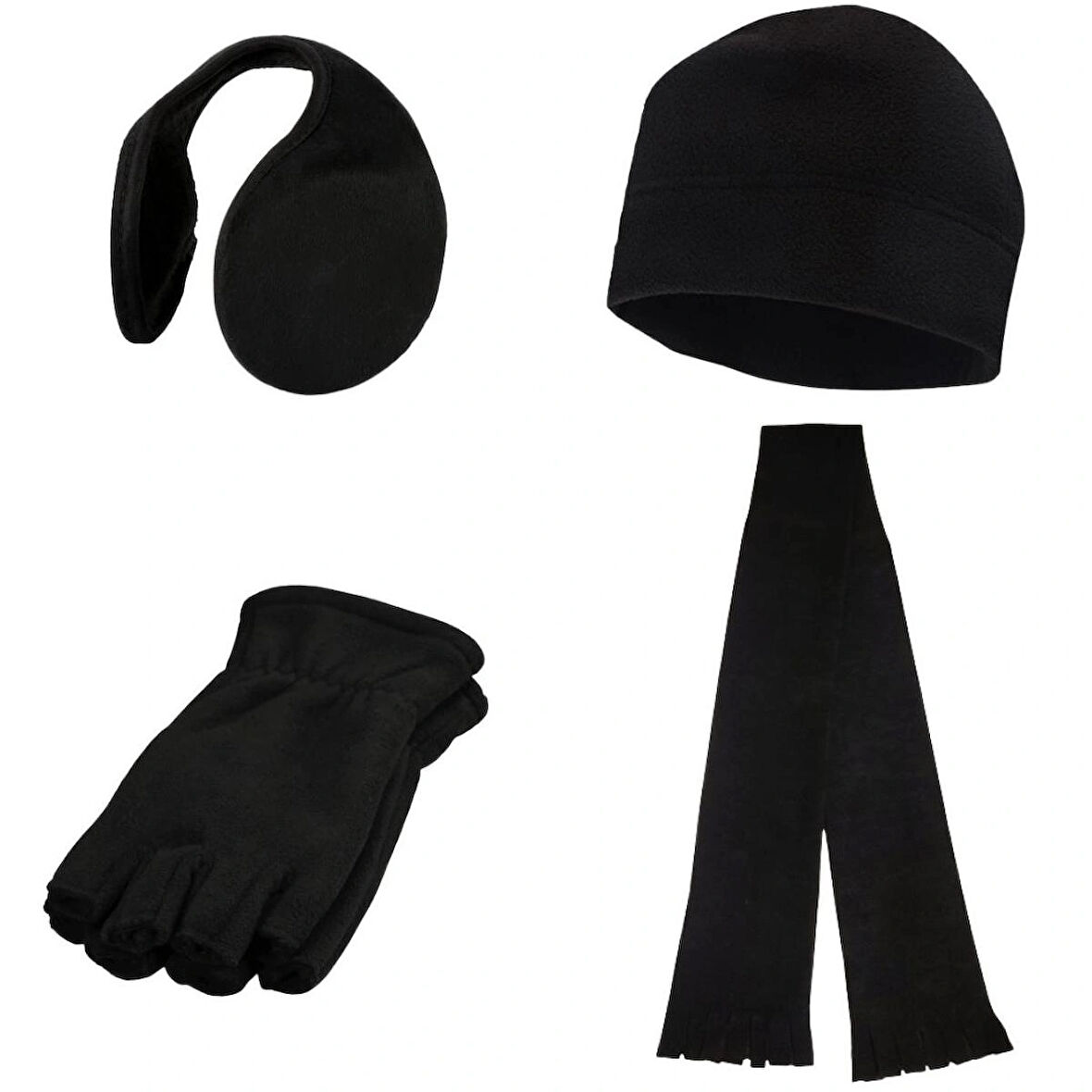 Unisex Siyah Kışlık Parmaksız Polar Eldiven - Polar Bere - Polar Atkı - Ense Tipi Kulaklık 4'lü Set