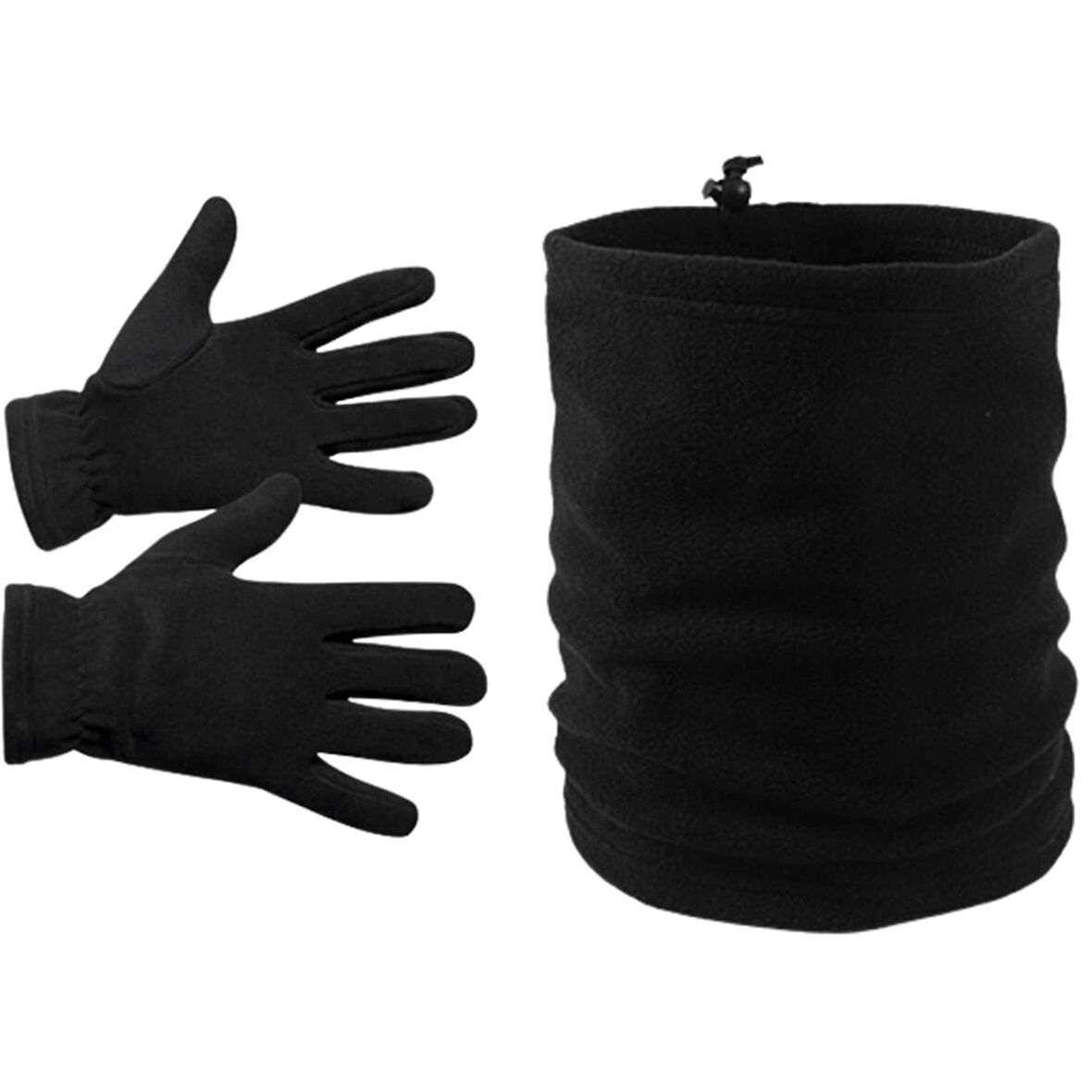 Erkek Siyah Kışlık Termal Polar Eldiven - Şapka Bere Olabilen Ipli Polar Boyunluk 2'li Set