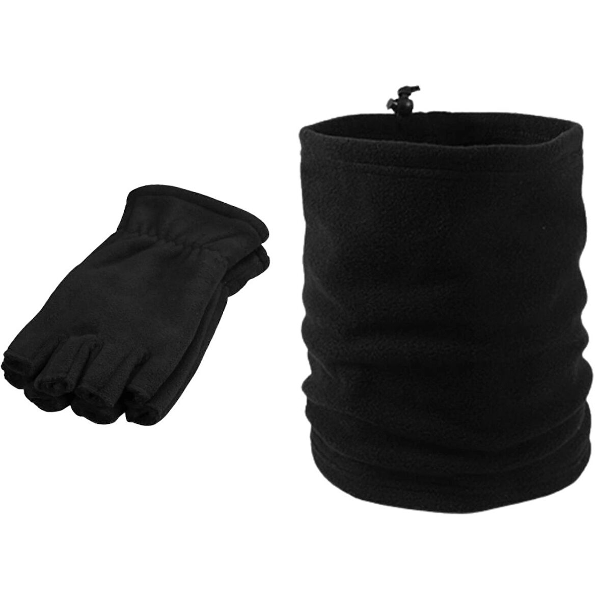 Unisex Siyah Kışlık Parmaksız Polar Eldiven - Şapka Bere Olabilen Ipli Polar Boyunluk 2'li Set