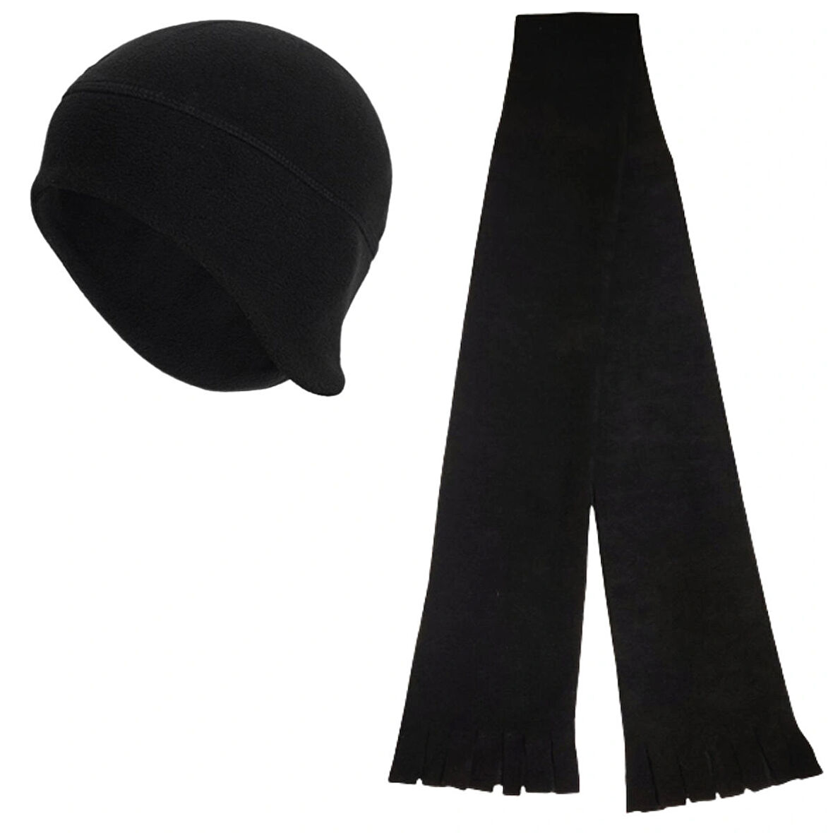 Unisex Siyah Kışlık Termal Kulaklıklı Polar Bere - Polar Atkı 2'li Set