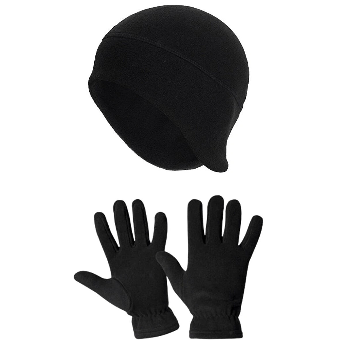 Erkek Siyah Kışlık Termal Polar Eldiven - Polar Kulaklıklı Bere 2'li Set