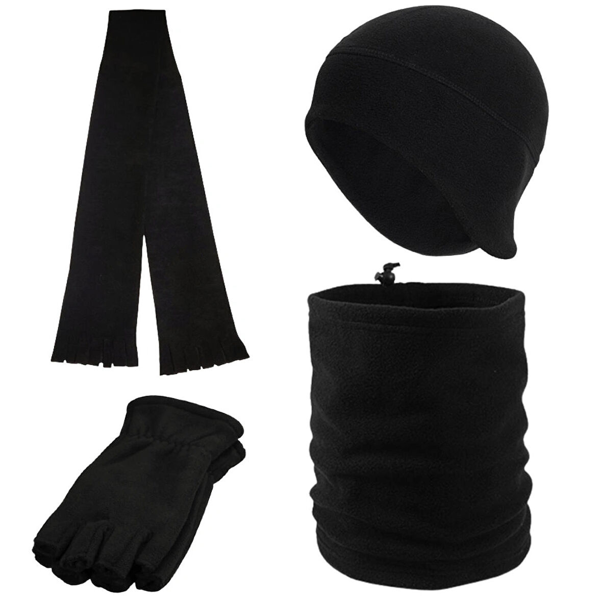 Unisex Siyah Kışlık Parmaksız Polar Eldiven Polar Kulaklıklı Bere Polar Atkı Polar Boyunluk 4'lü Set