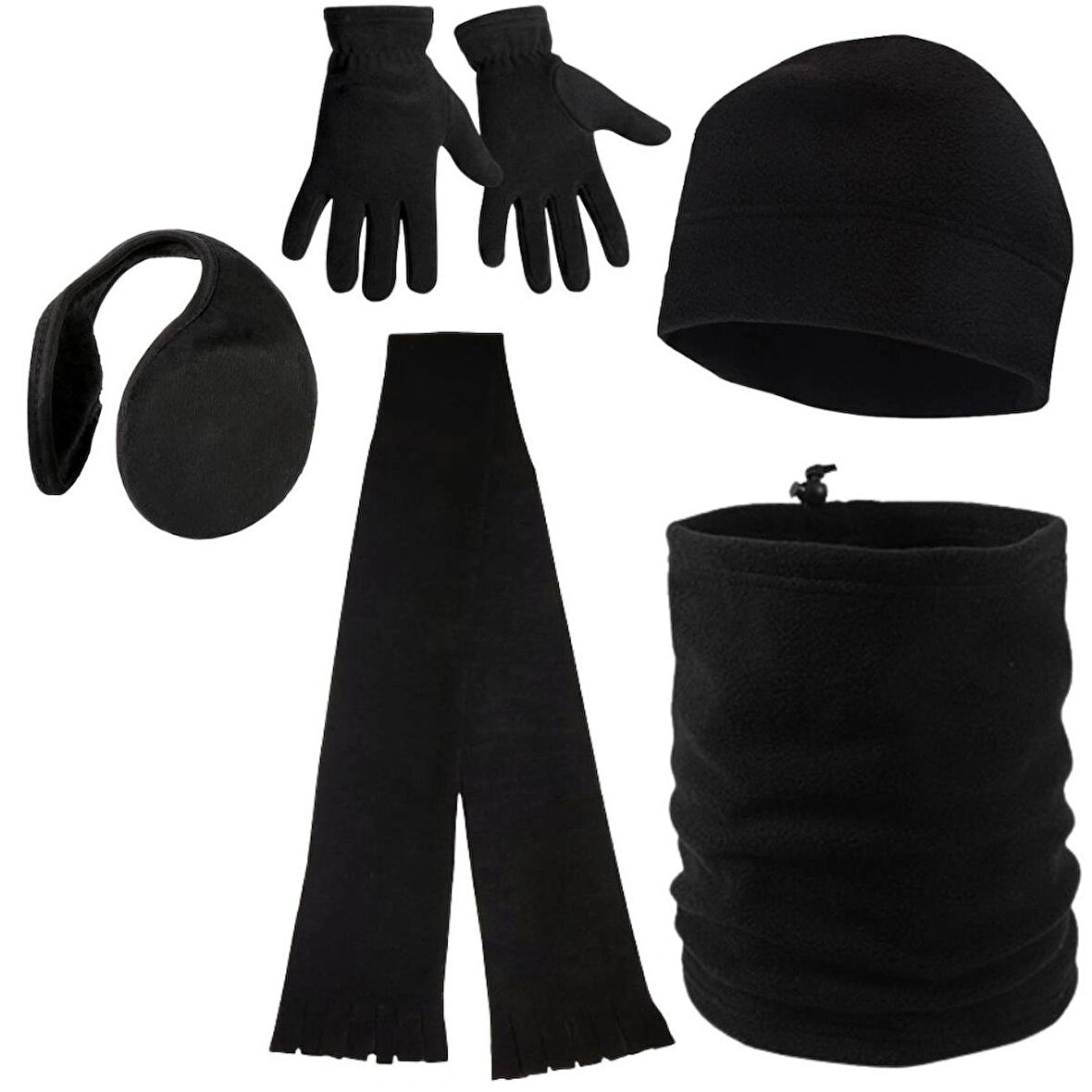 Erkek Siyah Kışlık Polar Eldiven - Polar Bere - Polar Boyunluk - Kulaklık - Atkı 5li Set
