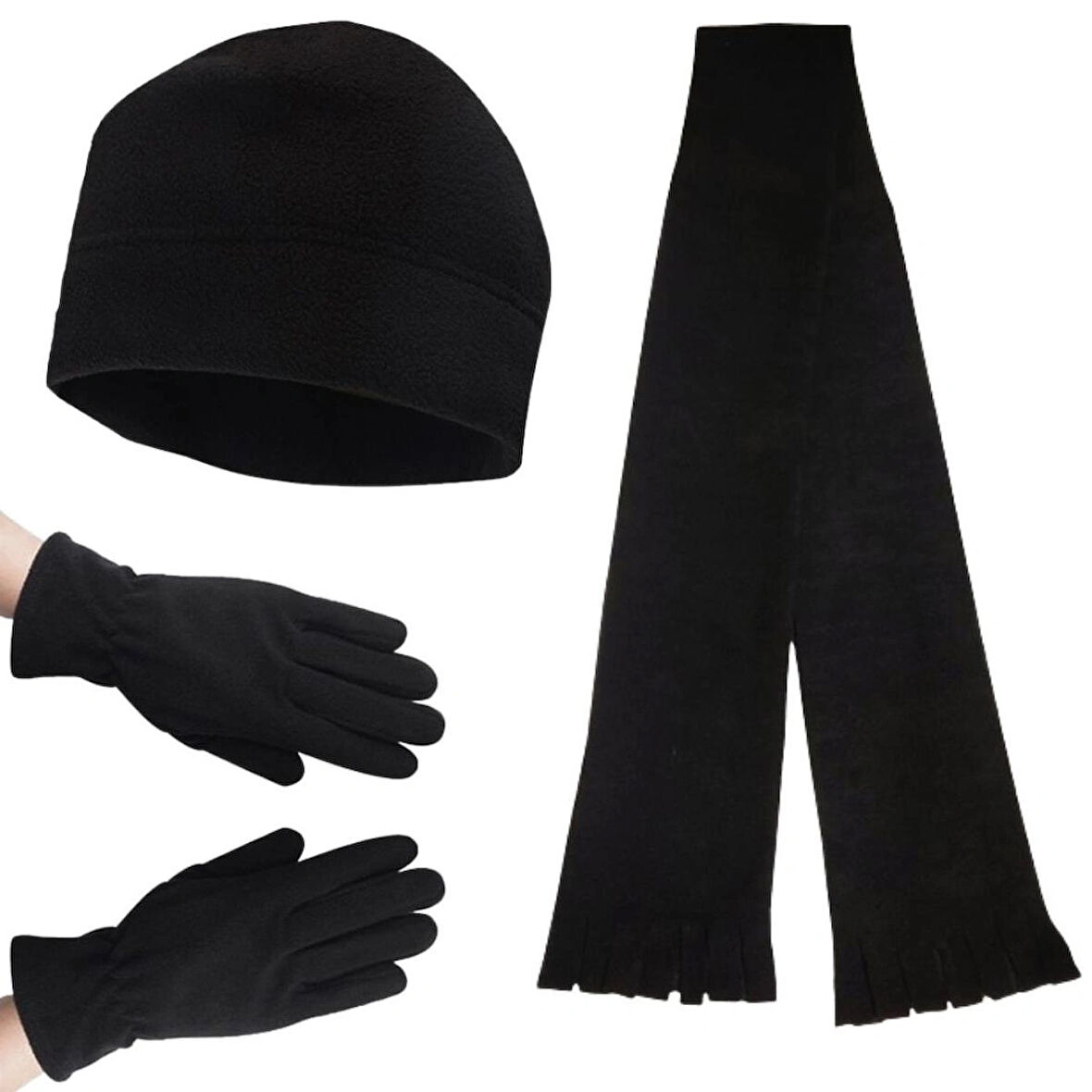 Kadın Kışlık Siyah Termal Polar Eldiven - Polar Bere - Polar Atkı 3'lü Kışlık Set Takım