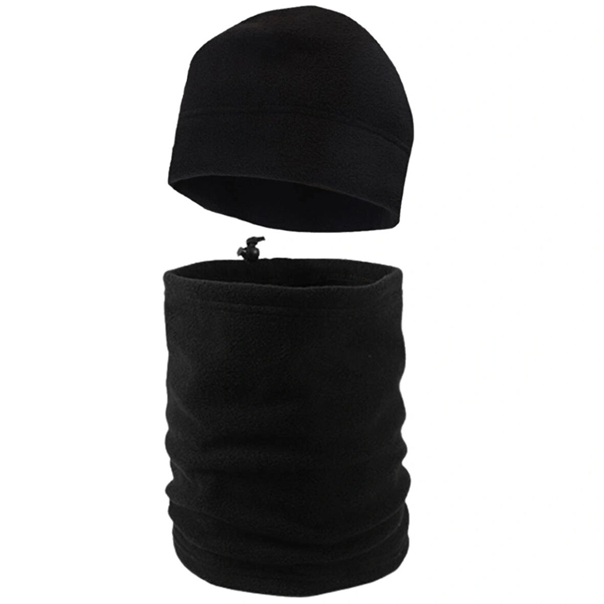 Unisex Siyah Kışlık Termal Polar Bere - Ipli Polar Boyunluk 2'li Set Takım