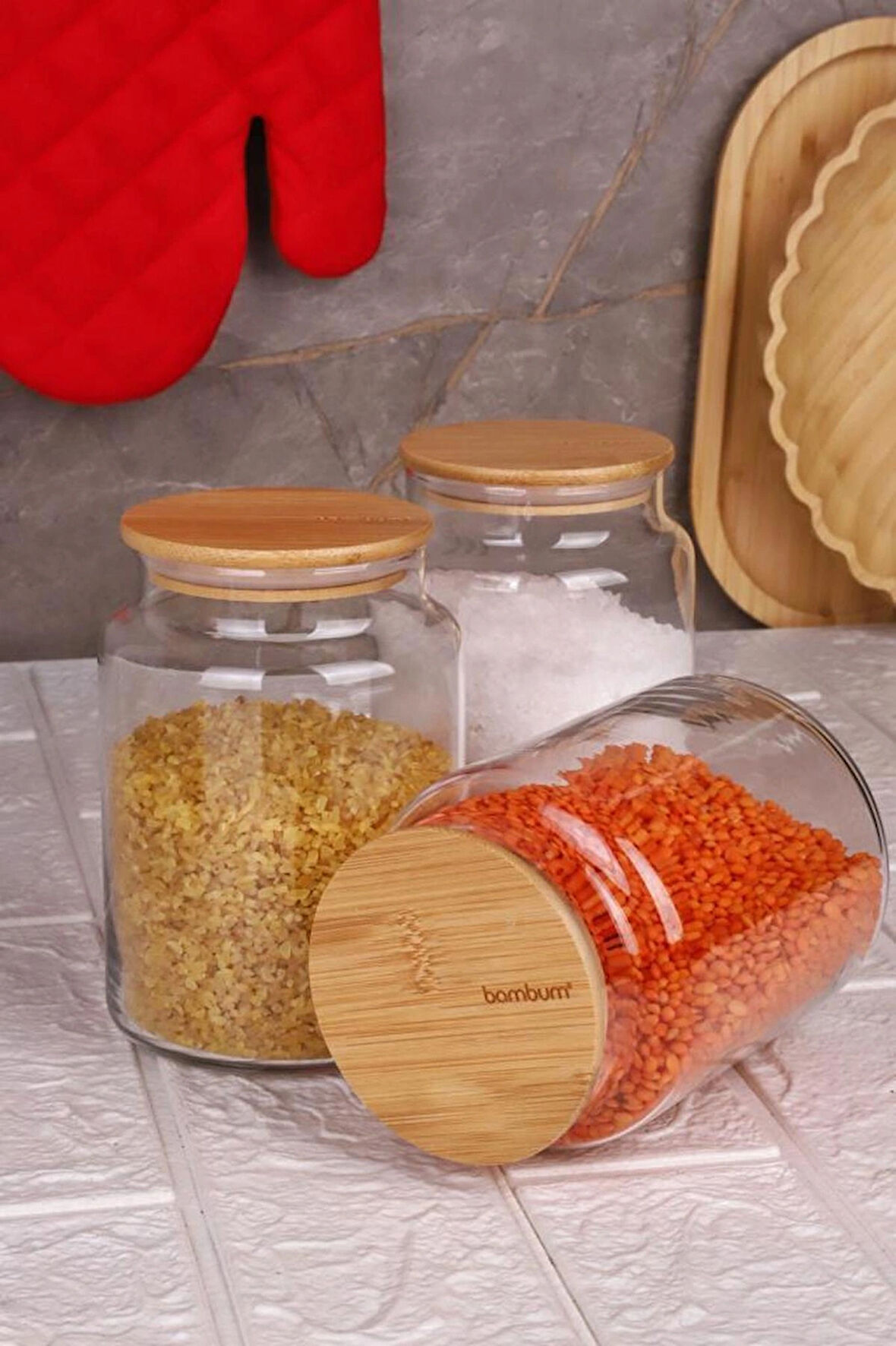 Zone - 3'lü Cam Saklama Kabı 800ml Vakumlu Bambu Kapaklı