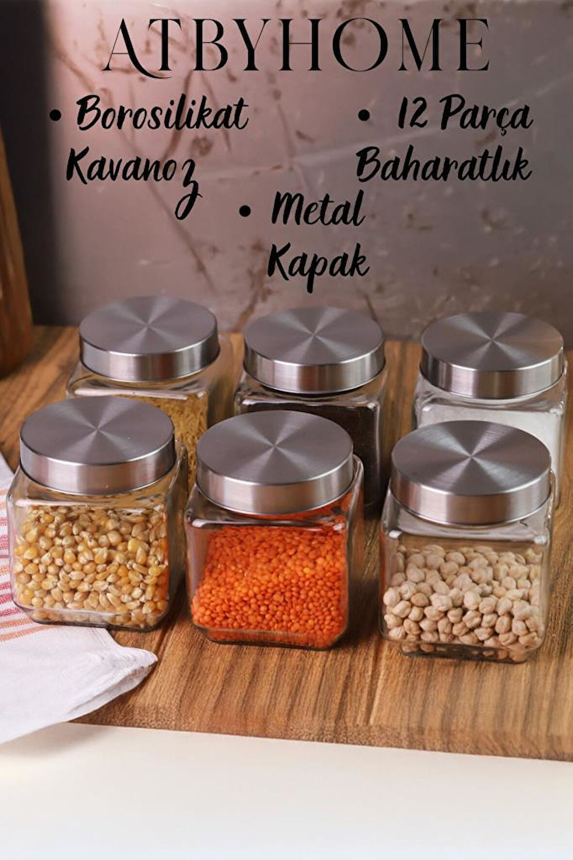 Metal Kapaklı 6'lı Borosilikat Cam Kavanoz Baharatlık 570 ml 