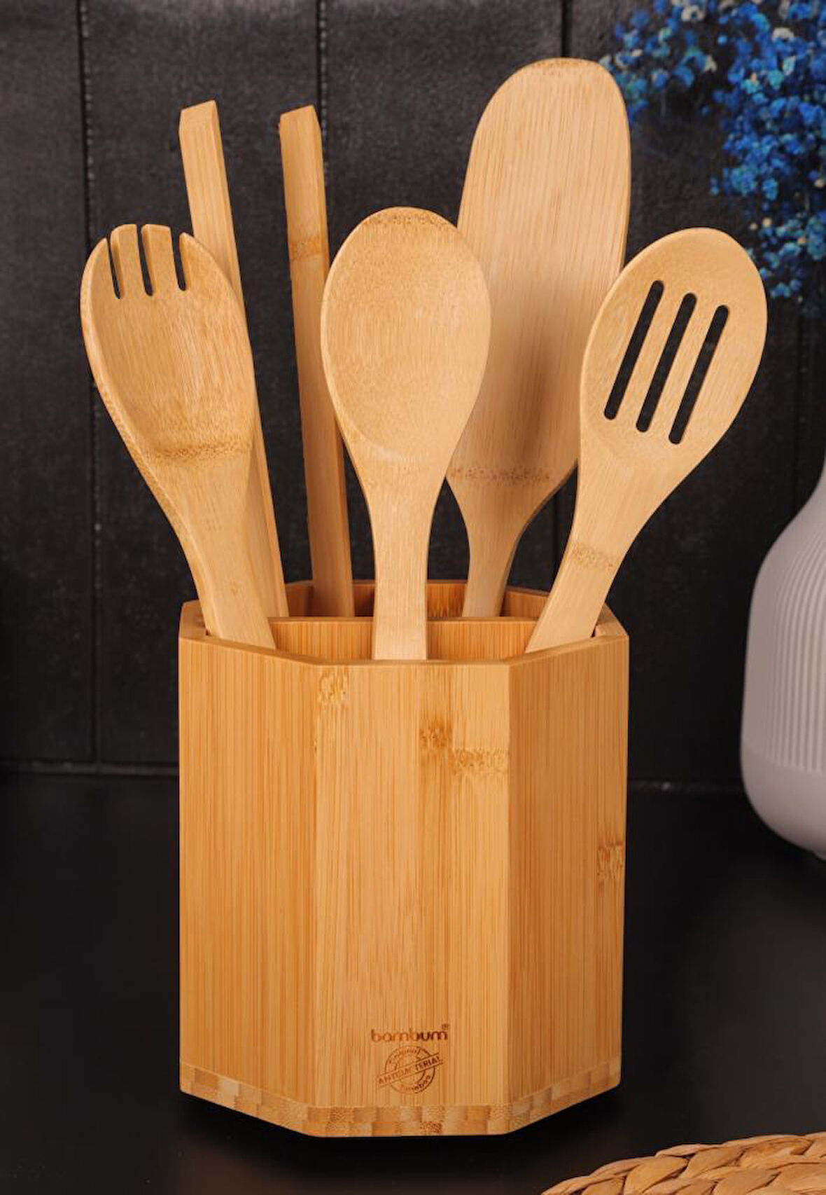 Bambum 6 Parça Mutfak Gereçleri Seti – Çokgen Kaşıklık Standlı Spatula ve Servis Kaşıkları