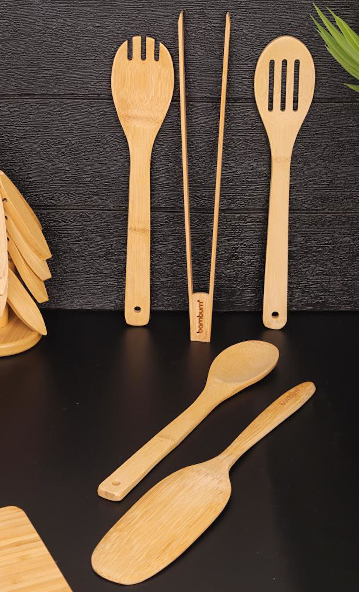 Bambum 5 Parça Bambu Mutfak Gereçleri Seti – Spatula, Servis Kaşığı ve Maşa