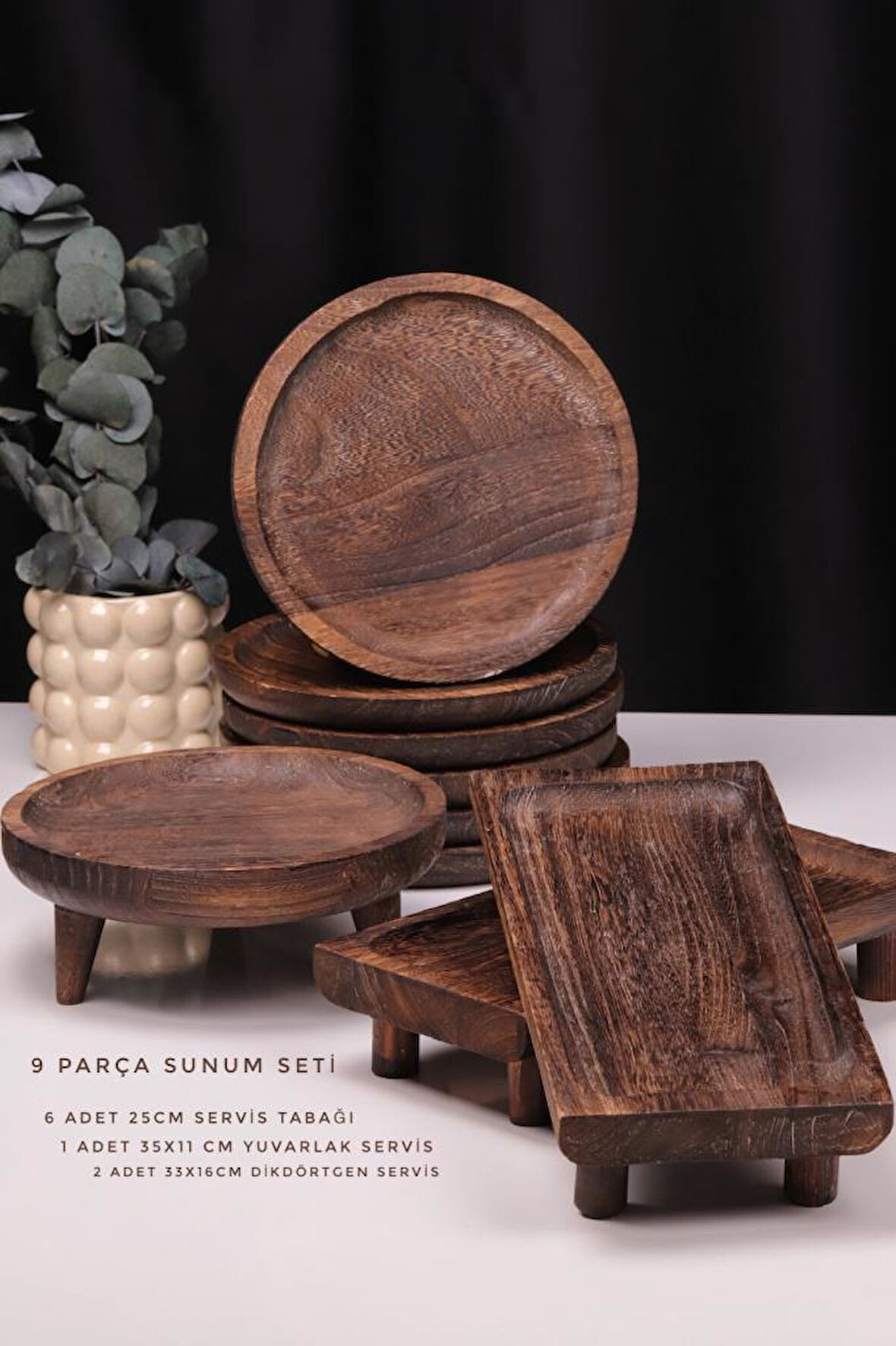 Bambum 9 Parça Pavlonya Shadow Ahşap Sunum Seti – Yuvarlak ve Dikdörtgen Ayaklı Servis Tabakları