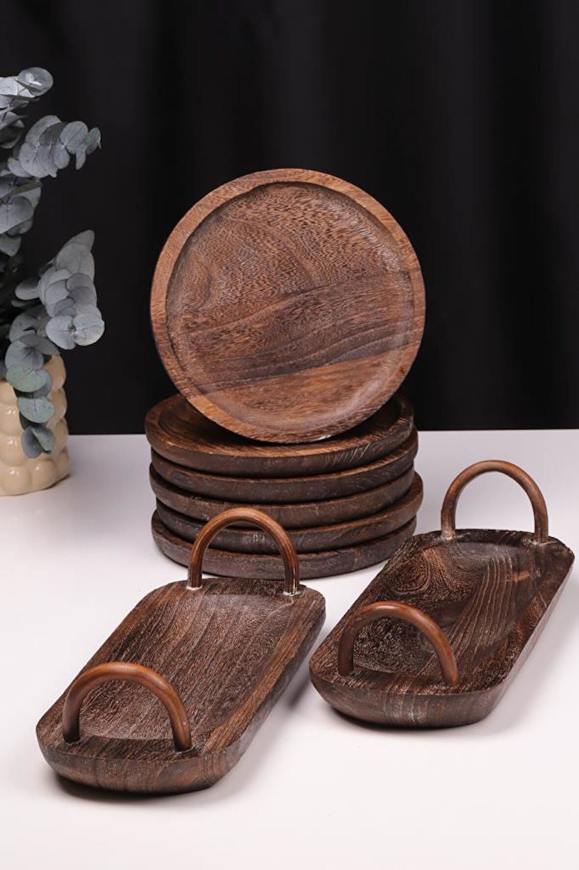 Bambum 8 Parça Pavlonya Obsidian Ahşap Sunum Seti – Yuvarlak ve Dikdörtgen Ayaklı Servis Tabaklar