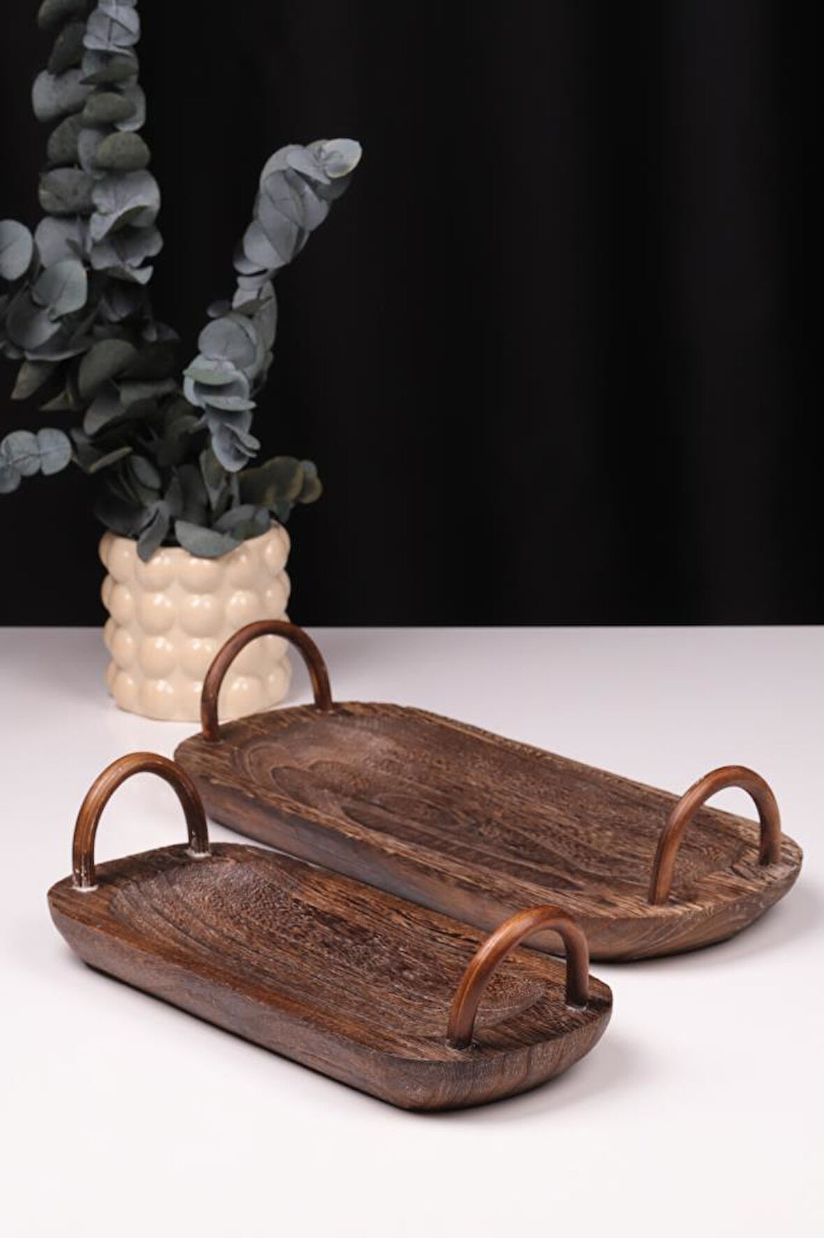 Bambum 2 Parça Pavlonya Darkwood Ahşap Sunum Seti – Kulplu Dikdörtgen Servis Tabakları